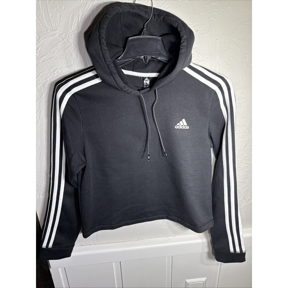 Adidas Womens Long Sleeve Cropped Hooded Black Striped Sweatshirt Crop Top Sz M